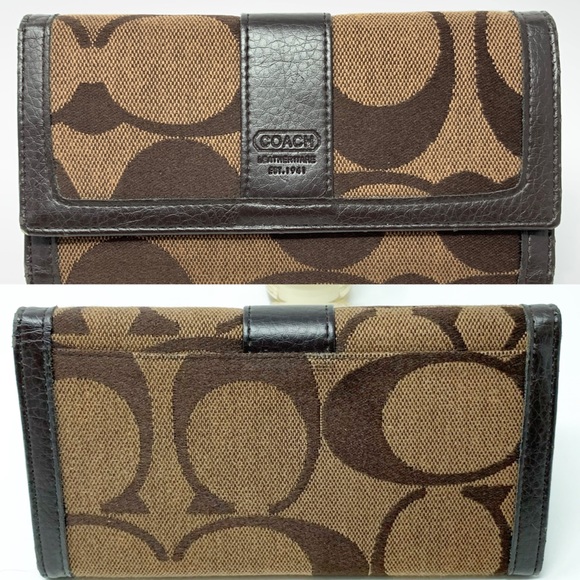 Coach Handbags - COACH Brown SIGNATURE Stripe Tri-fold Wallet EUC